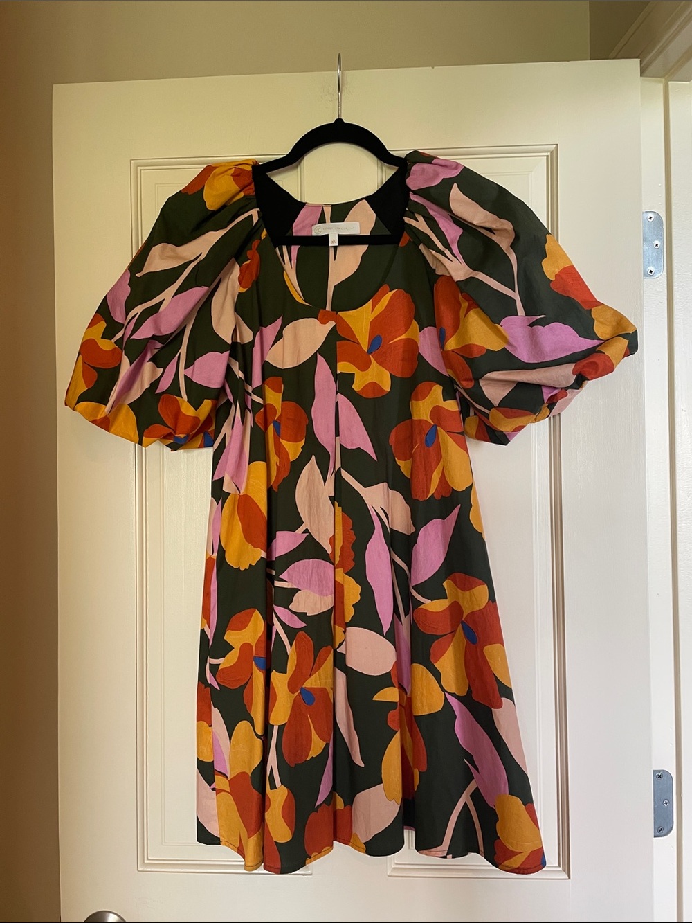 Corey Lynn Calter Floral Puff-Sleeve Dress in Olive, Pink & Mustard